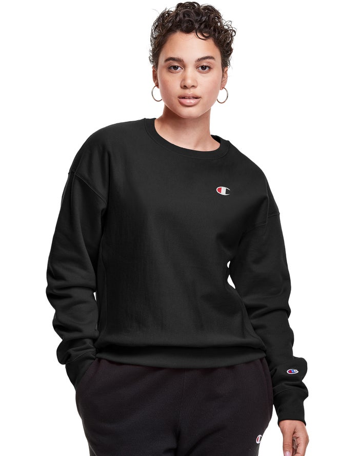 Champion Reverse Weave Crew C Logo Black Sweatshirt Womens - South Africa NASTUI247